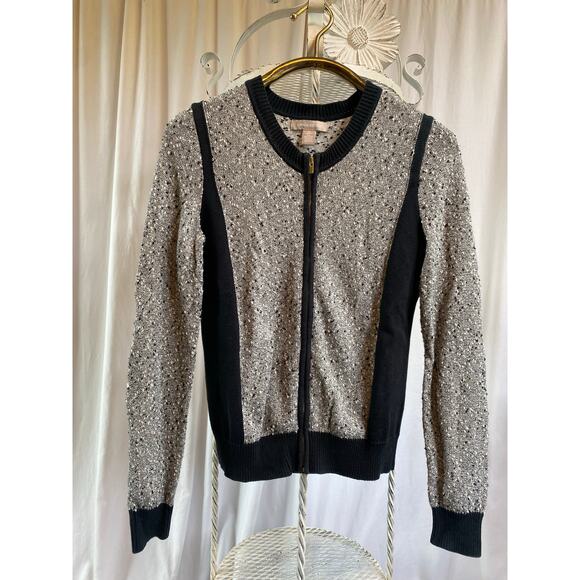 Banana Republic Sweater Tweed Black Fitted Cardigan Zip Front Nubby Two Tone Med - Picture 1 of 10
